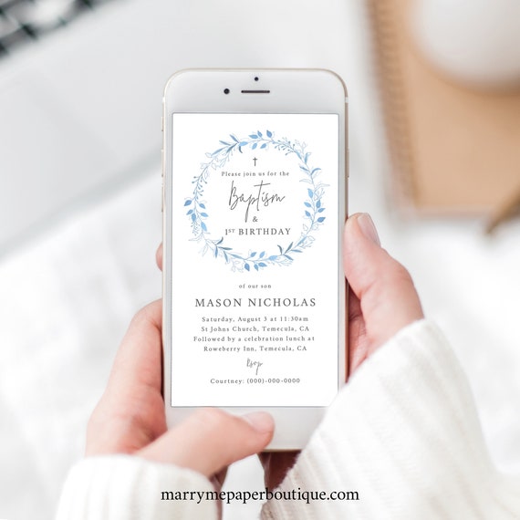 Digital Baptism & First Birthday Text Invitation Template, Light Blue Wreath, Electronic, Editable Text Invite, Templett INSTANT Download
