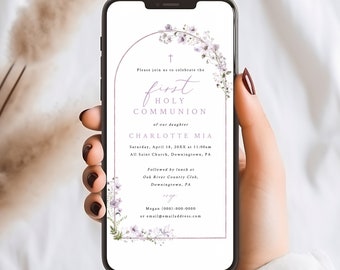 First Communion Text Invitation Template, Lavender Flowers Arch, Digital, Lavender First Holy Communion Invite, Templett INSTANT Download