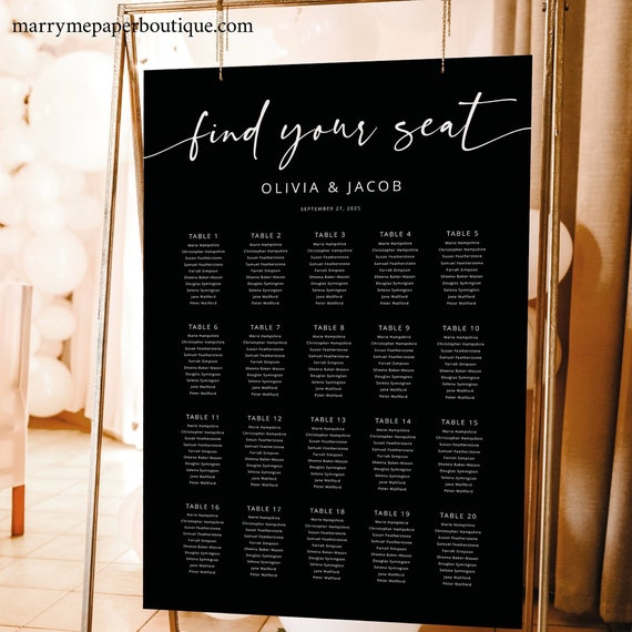 Wedding Seating Plan Template, Modern Script Black Background, Editable Seating Chart, Seating Sign, Printable, Templett INSTANT Download