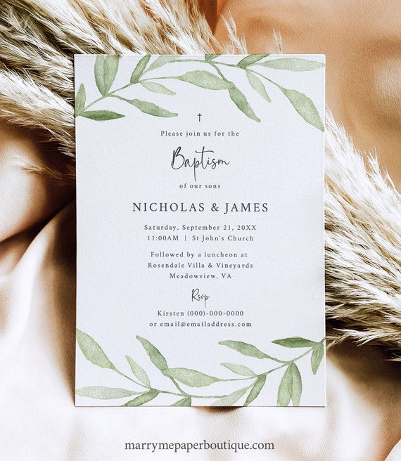 Baptism Invitation Template, Greenery Leaves, Double Baptism, Editable, Twins Baptism Invitation Card, 5x7, Templett INSTANT Download