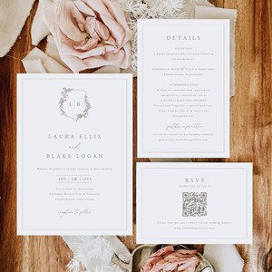 Wedding Invitation Template Set, Botanical Wedding Crest, Printable, Editable Wedding Invite Suite, QR Code RSVP, Templett INSTANT Download image 2