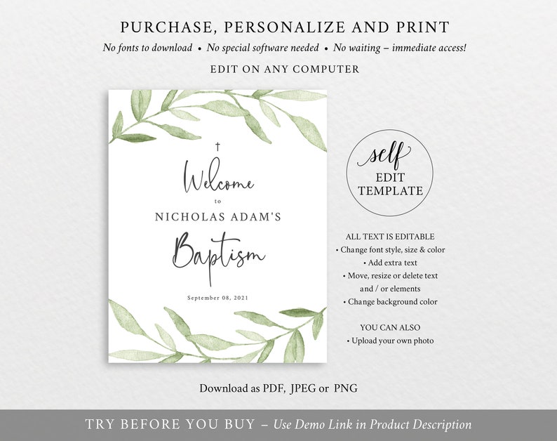Editable Instant Download Baptism Welcome Sign Template Greenery Leaves TRY BEFORE You BUY