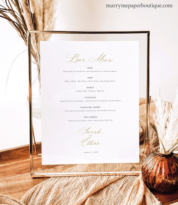 Bar Menu Sign Template, Calligraphy Design in Gold, Editable, Wedding Bar Menu, 8x10, Gold Drinks Menu, Printable, Templett INSTANT Download