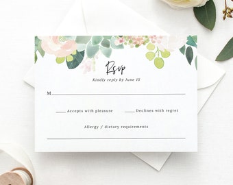 RSVP Card Template, Succulent Floral, Elegant Reply Card Printable, Succulent RSVP, Editable, Templett INSTANT Download