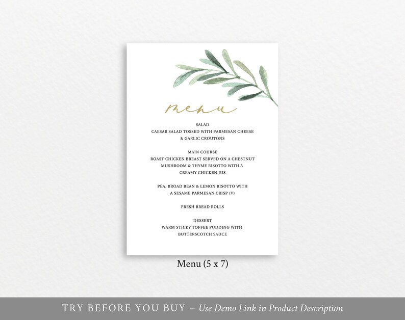Greenery Leaf TRY BEFORE You BUY Editable Instant Download Baptism Menu Template 5x7