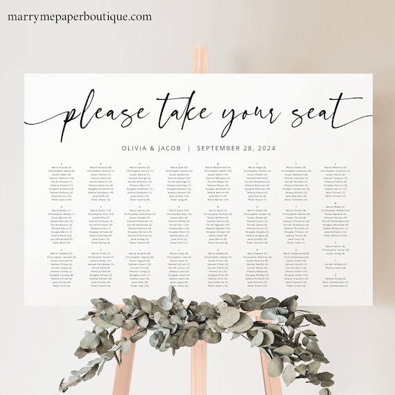 Alphabetical Wedding Seating Chart Template, Modern Calligraphy, Alphabetical Seating Plan Sign, Printable, Templett INSTANT Download