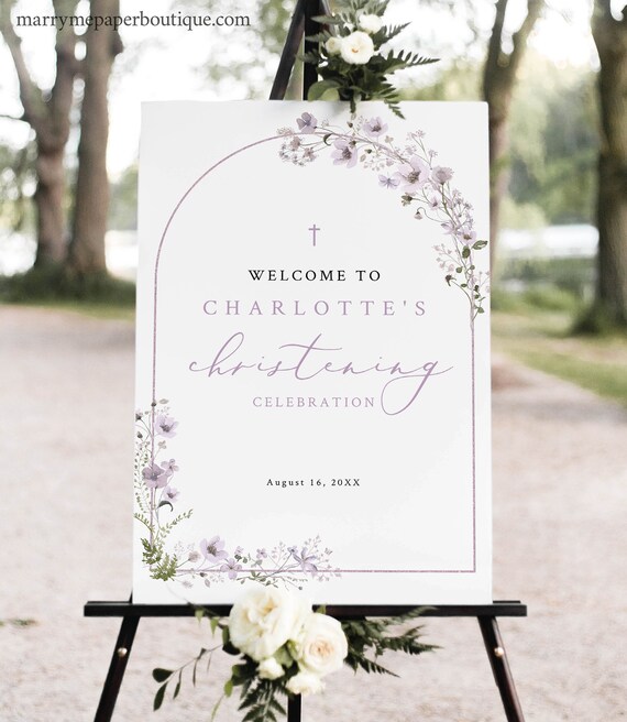 Christening Welcome Sign Template, Rustic Lavender Flowers Arch, Editable, Welcome to the Christening Sign, Templett INSTANT Download