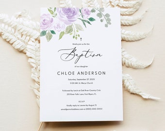 Baptism Invitation Template, Try Before Purchase, Editable Instant Download, Mauve & Lilac Floral