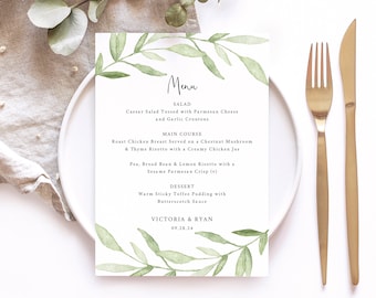 Wedding Menu Template, Greenery Leaves,  Editable Instant Download, Try Before Purchase