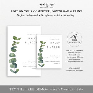 Wine Bottle Label Template, Elegant Eucalyptus, Greenery Wedding Wine Label Printable, Editable, Templett INSTANT Download image 4