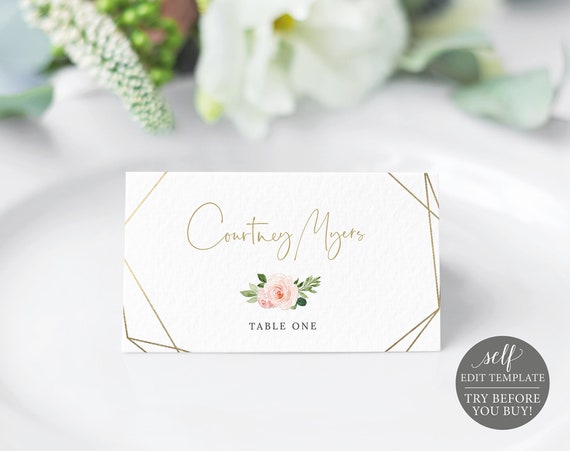 Place Card Template, Blush Pink Geometric, Demo Available, Order Edit & Download In Minutes