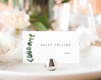 Wedding Place Card Template, Elegant Eucalyptus, Greenery Place Card Printable, Editable, Flat & Tent, Templett INSTANT Download