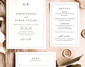 Wedding Invitation Template Set, Minimalist Wedding Monogram, RSVP Details, Editable Wedding Invites, Printable, Templett INSTANT Download