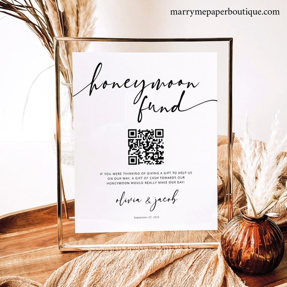 Honeymoon Fund Sign Template, Modern Calligraphy, QR Code Honeymoon Fund Sign, Printable, 8x10, Editable, Templett INSTANT Download