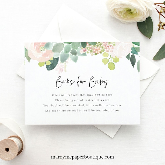 Succulent Floral Books for Baby Template, Green & Blush Insert Card Printable, Templett Editable, Instant Download