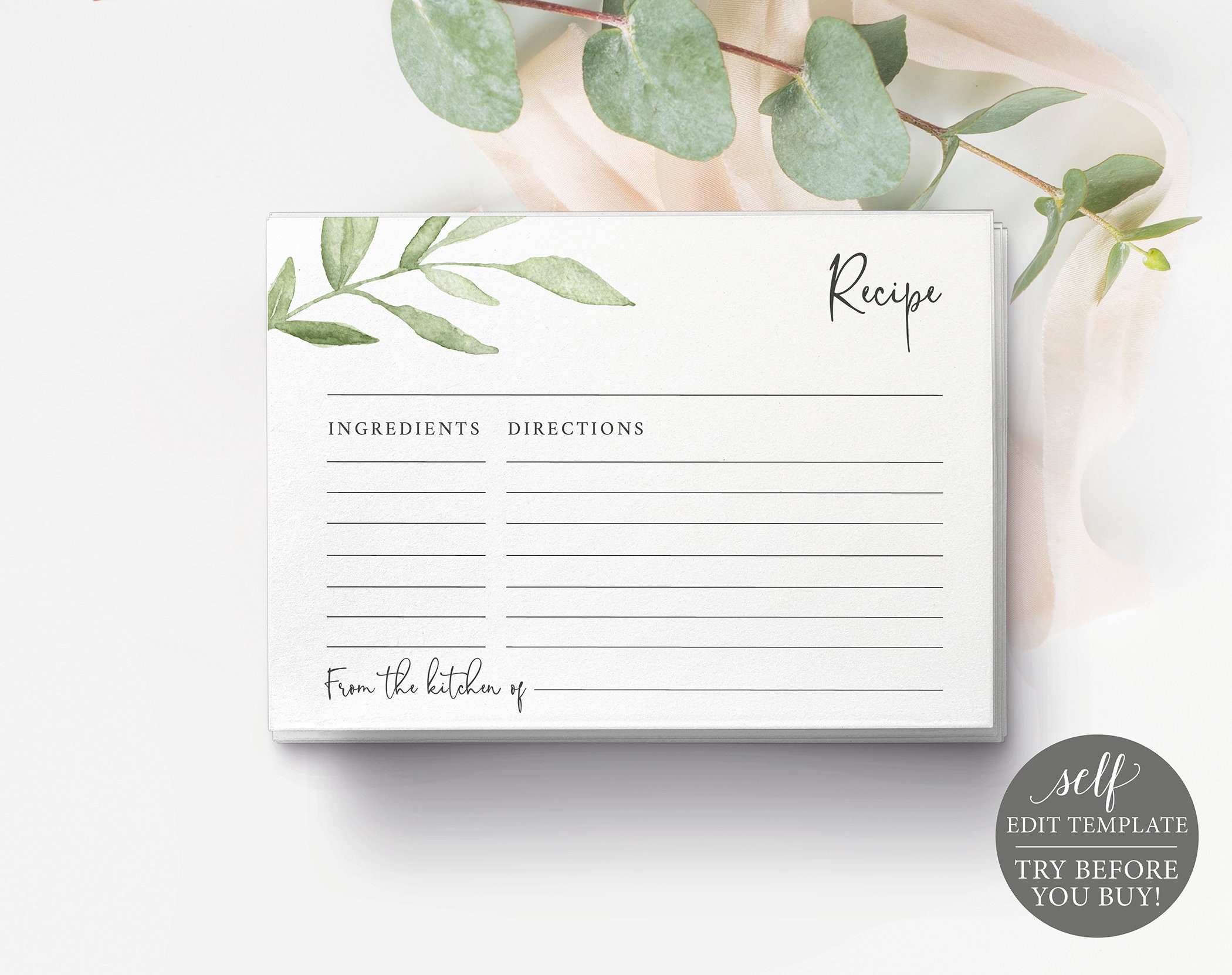 Recipe Card Template, Greenery Leaves, Editable & Printable In Fillable Recipe Card Template