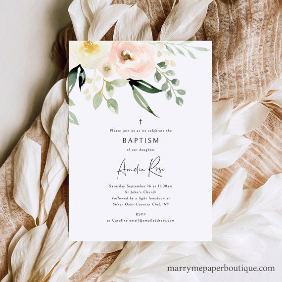 Baptism Invitation Template, Printable Invite, Templett Instant Download, Try Before Purchase, Pink Floral Greenery Ivory