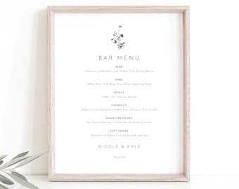 Wedding Bar Menu Template, Elegant Botanic Flowers, Botanic Wedding Drinks Menu Sign, Printable, Templett INSTANT Download, Editable
