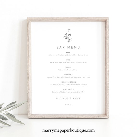 Wedding Bar Menu Template, Elegant Botanic Flowers, Botanic Wedding Drinks Menu Sign, Printable, Templett INSTANT Download, Editable