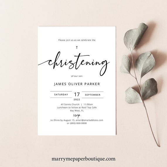 Christening Invitation Template, Modern Calligraphy, Templett Instant Download, Try Before Purchase, Editable & Printable
