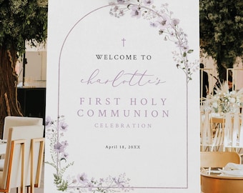 First Communion Welcome Sign Template, Rustic Lavender Flowers Arch, Editable First Holy Communion Sign Printable, Templett INSTANT Download
