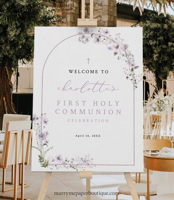 First Communion Welcome Sign Template, Rustic Lavender Flowers Arch, Editable First Holy Communion Sign Printable, Templett INSTANT Download