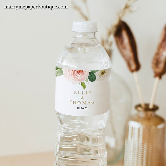Water Bottle Label Template, Pink Blush Floral, Self-Edit Instant.