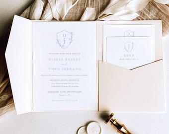 Wedding Invitation Template Set, Blue Wedding Crest & Monogram, Pocketfold Wedding Invitation, Editable Invite, Templett INSTANT Download