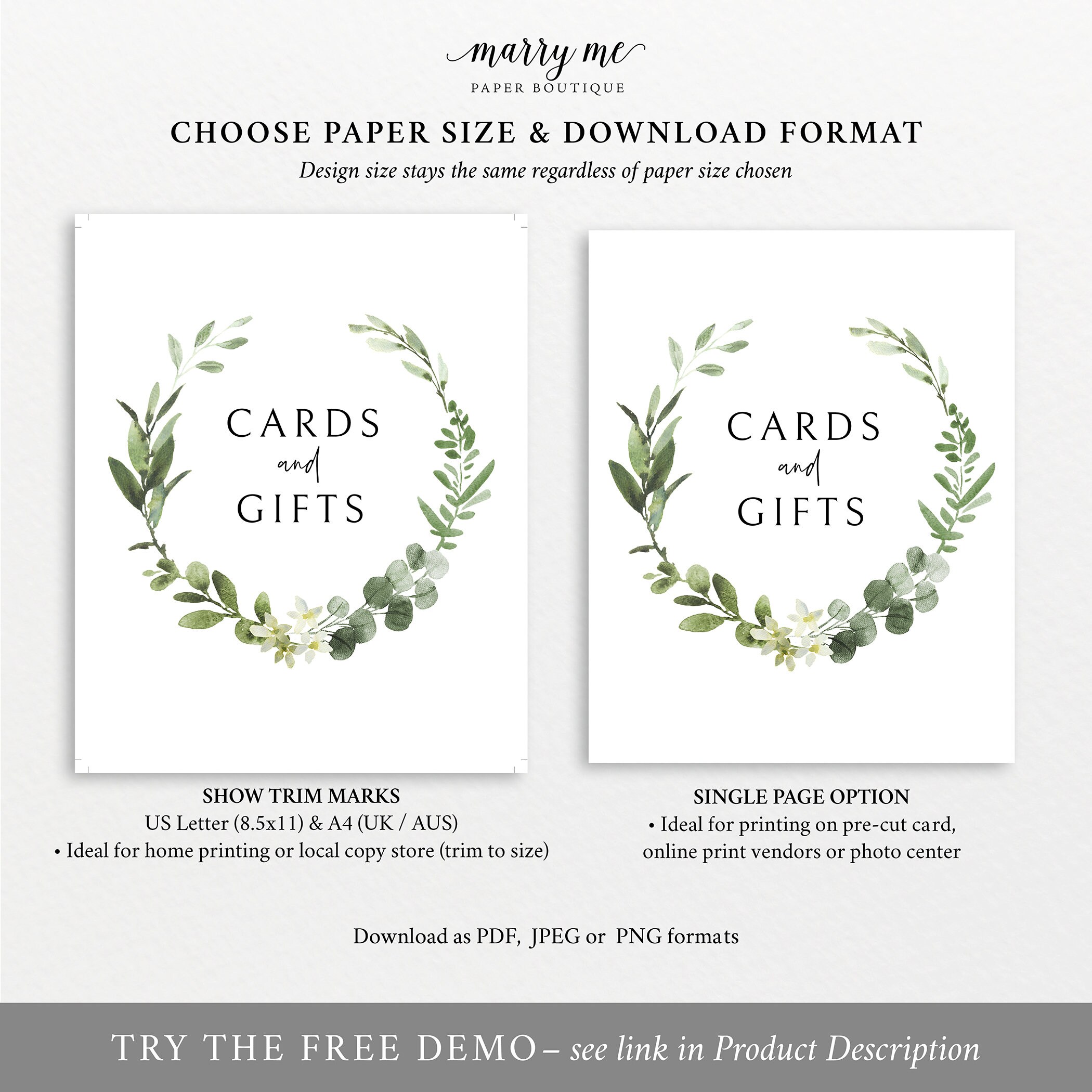 Elegant Greenery Instant Download Printable Sign Non-Editable Cards ...