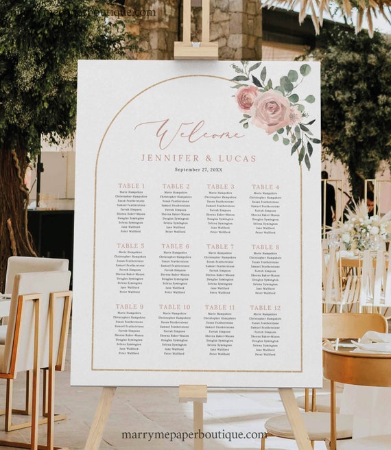 Wedding Seating Plan Template, Dusky Pink Floral Arch, Editable, Seating Chart Sign, Printable, Pink Seating Plan, Templett INSTANT Download