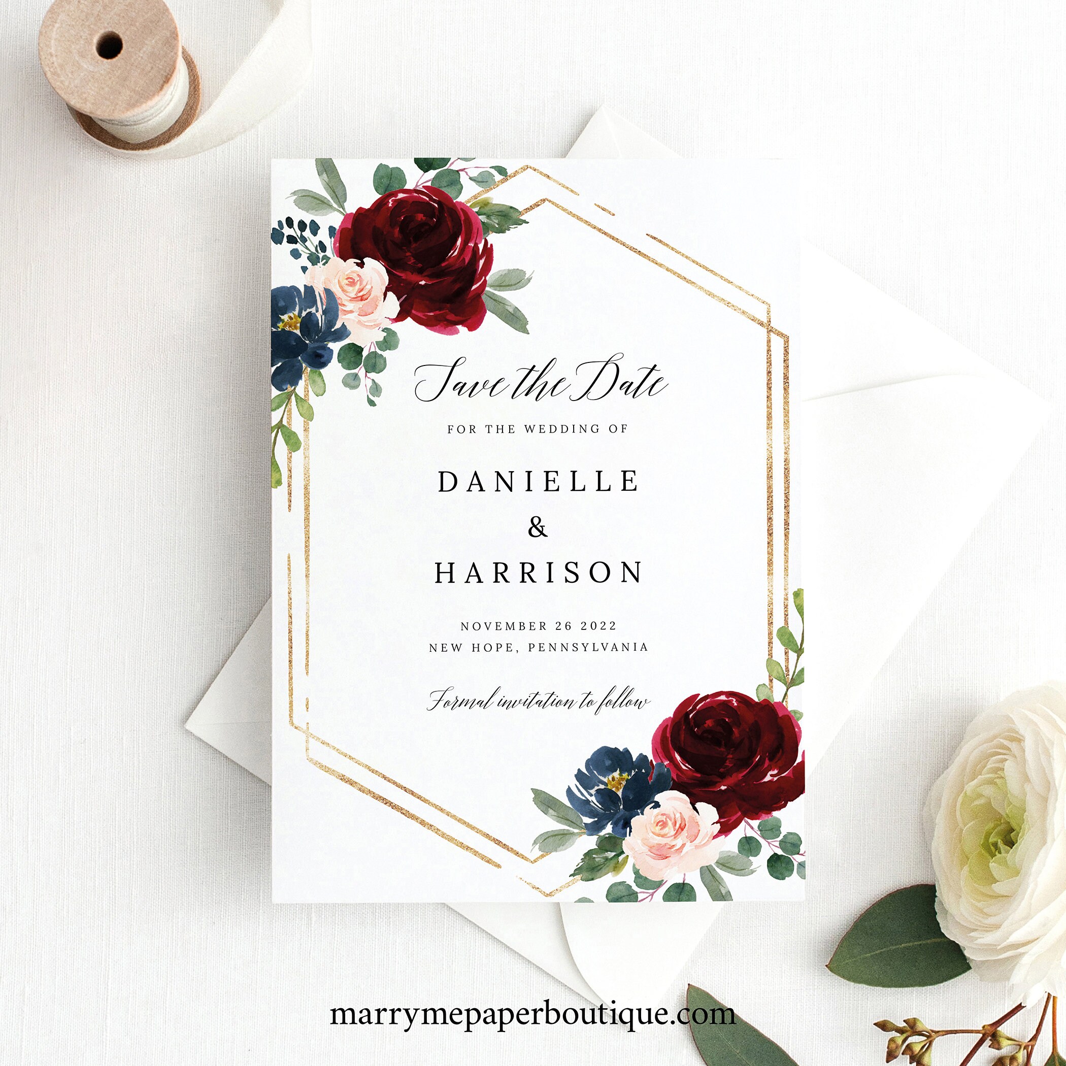 Save The Date Card Template Burgundy Navy Printable Save Our Date 
