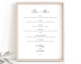 Bar Menu Template, Elegant Classic Calligraphy, Editable Wedding Bar Menu, Printable, Wedding Drinks Menu, 8x10, Templett INSTANT Download