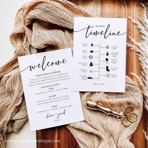 Wedding Itinerary Card Template, Modern Calligraphy, Wedding Timeline Card, Printable, Templett INSTANT Download, Editable