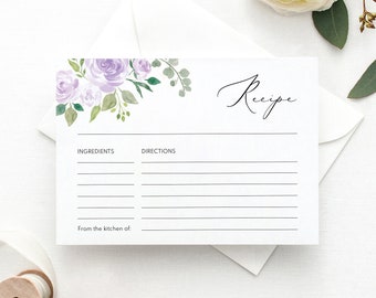 Recipe Card Template, Try Before Purchase, Editable Instant Download, Lilac Floral