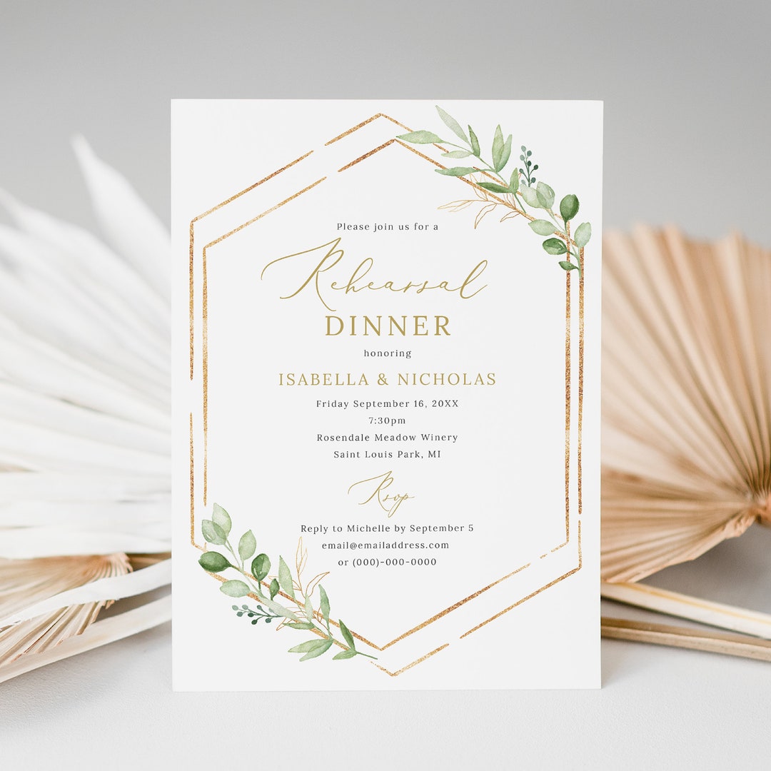 Rehearsal Dinner Invitation Template, Greenery Hexagonal, Editable ...