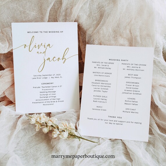 Wedding Program Template, Gold, Modern Script, 5x7 Wedding Ceremony Program, Printable, Editable, Modern Program, Templett INSTANT Download