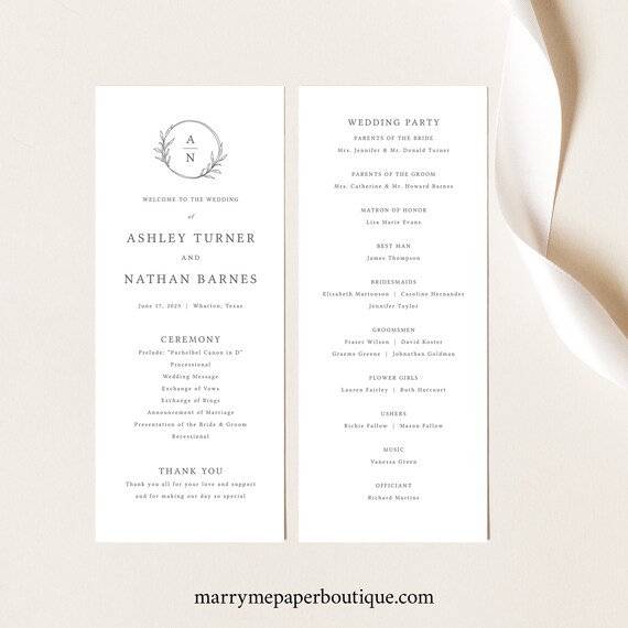 Wedding Program Template Tall Circle Monogram Design Try | Etsy