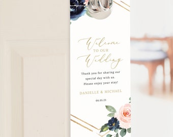 Door Hanger Template, Navy & Blush Floral, Wedding Guest Hotel Door Hanger, Printable, Editable, Templett INSTANT Download