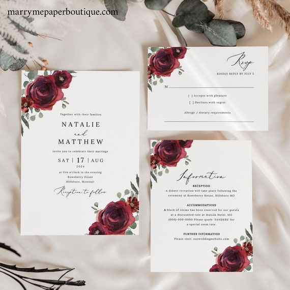 Wedding Invitation Template Set, Elegant Burgundy Floral, RSVP, Details Card, Editable Invitation Suite Printable, Templett INSTANT Download