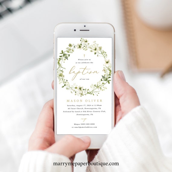 Digital Baptism Electronic Text Invitation Template, Rustic Greenery, Editable, Greenery Baptism Text Invite, Templett INSTANT Download