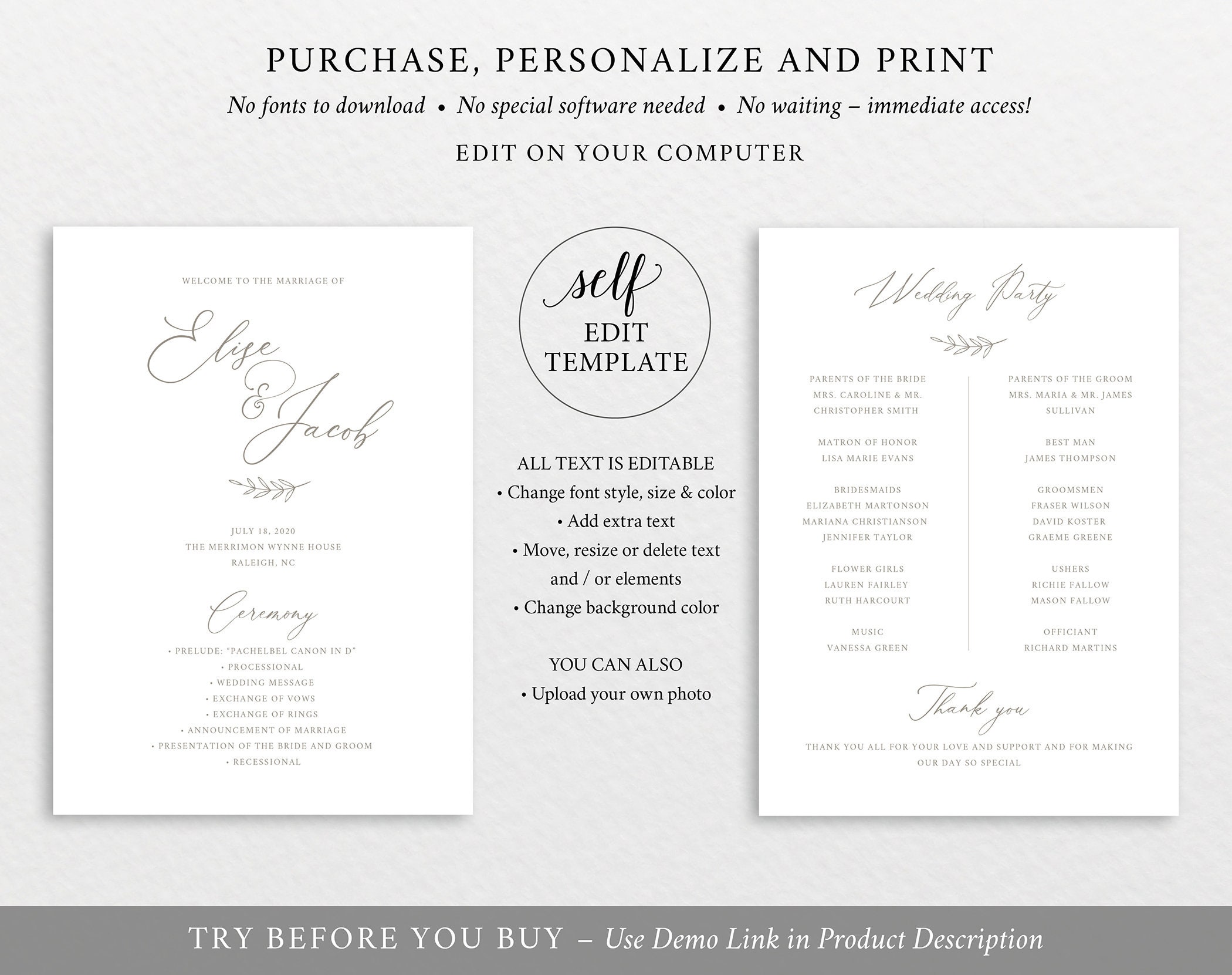 Wedding Program Fan Template, FREE Demo Available, Editable Instant