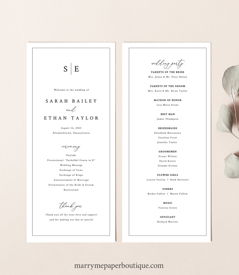 Wedding Program Template, Minimalist Wedding Monogram, Printable, Wedding Ceremony Program, Editable Tall Program, Templett INSTANT Download image 4