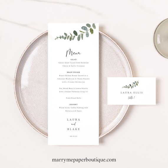 Wedding Menu & Name Card Template, Eucalyptus Greenery, Name Card, Printable, Editable Table Menu Template, Templett INSTANT Download