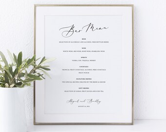 Bar Menu Sign Template 8x10, Try Before Purchase, Editable Instant Download, Elegant Script