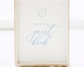 Guest Book Sign Template, Blue Crest & Monogram, Editable, Please Sign Our Guestbook Sign, 8x10, Printable, Templett INSTANT Download