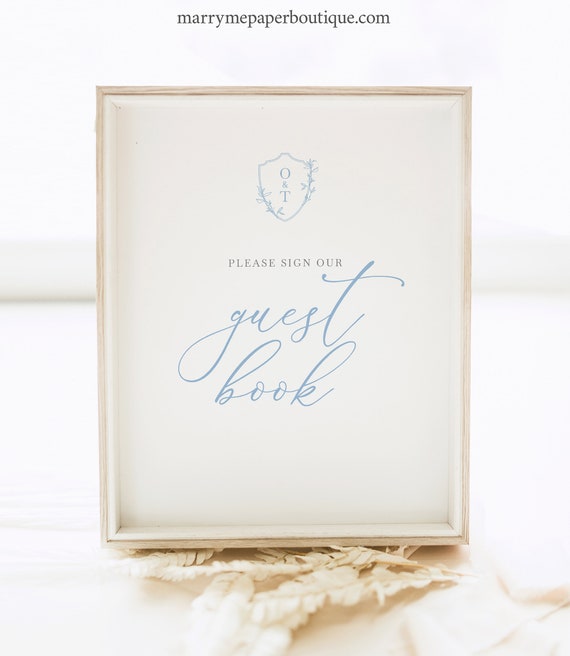 Guest Book Sign Template, Blue Crest & Monogram, Editable, Please Sign Our Guestbook Sign, 8x10, Printable, Templett INSTANT Download