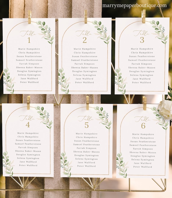 Seating Chart Cards Template, Greenery Arch, 4x6, Greenery Wedding Seating Plan Cards, Editable, Printable, Templett INSTANT Download