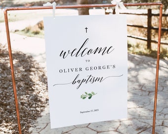 Baptism Welcome Sign Template,  Editable, Baptism Poster Printable, Greenery Baptism Signage, Instant Download, Try Before Purchase