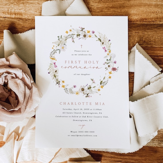 First Communion Invitation Template, Rustic Wildflower Wreath, First Holy Communion Invite Card, Editable, 5x7, Templett INSTANT Download