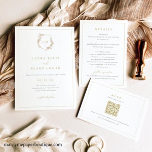 Wedding Invitation Template Set, Gold Wedding Crest & Monogram, QR Code RSVP, Editable Wedding Invites, Printable, Templett INSTANT Download